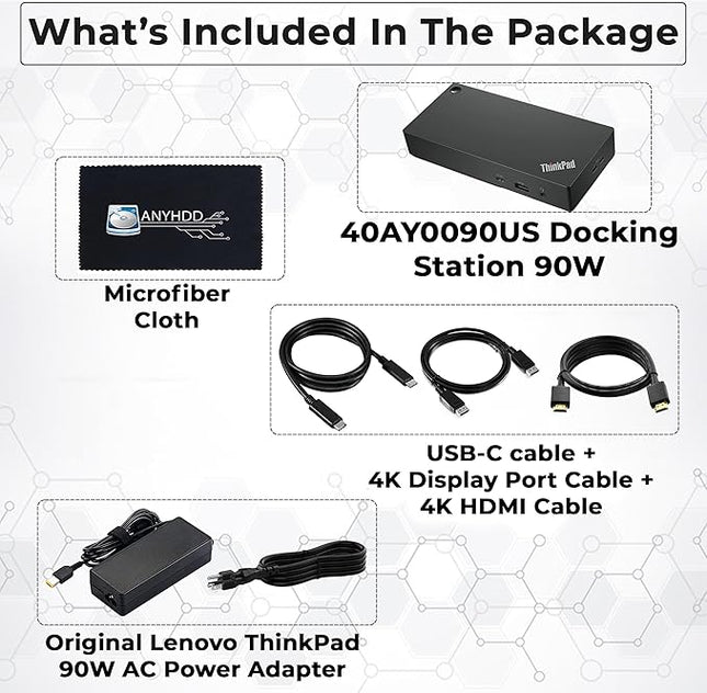 40AY0090US Lenovo Thinkpad Docking Station Dual Monitor - Supports 4K Display, Thinkpad Dock with 90W Adapter, HDMI, DisplayPort, USB C Cables & Cloth - Lenovo Docking Station