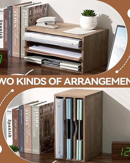 KIRIGEN Wooden Desktop Organizer Paper Storage Letter Tray File Sorter - Desk Rack Magazine File Dividers Holders for Home Office Accessories with 3 Layer Trays Dark Brown (3KWJG-DBR)