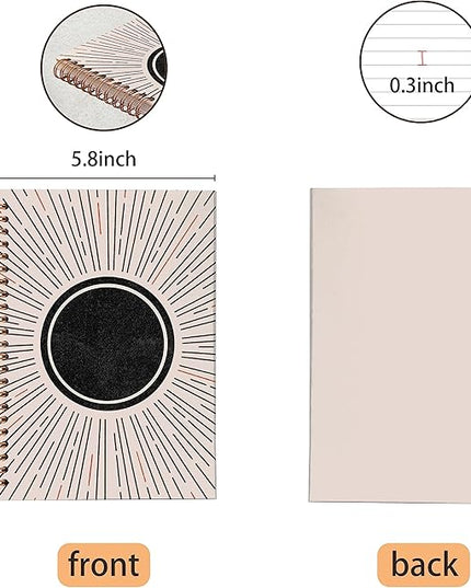 VNWEK Abstract Boho Black Sun Sunshine Sunray Sunburst Spiral Notebook Journal 5.5 x 8.3 inches,Boho Lined Hardcover Spiral Notebook,Boho Gifts for Women Teen Girls Teens