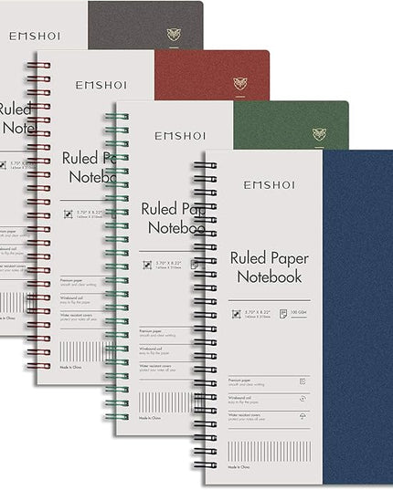 EMSHOI Lined Journal Spiral Notebook 5.7" x 8.22" - 4 Pack 640 Pages 100gsm Thick Paper, A5 Small Notebooks College Ruled, Plastic Hardcover Journals for Writing Women Men Work School Supplies
