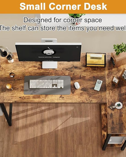 Grandder L Shaped Computer Desk with Reversible Shelves, 40 Inch Small Corner Desk with Storage Bag, Gaming Desk Computer Table Study Writing Desk for Home Office Small Space, Rustic Brown
