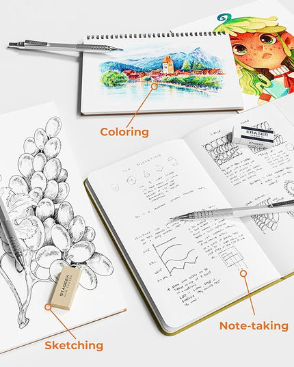 STAGEEK Metal Mechanical Pencil Set in Leather Case, 5PCS Art Drafting Pencil 0.3, 0.5, 0.7, 0.9 & 2mm Lead Holder, 9 Tube (4B 2B HB 2H Colors) Lead Refills for Drawing, Sketching, Writing (Silver)