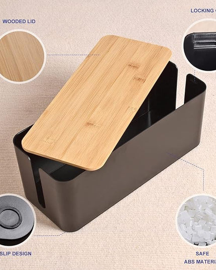 Cable Management Box - Wooden Style Large Cord Organizer to Hide Wires & Power Strips | Desk Computer Cable Organizer | Safe ABS Material | 16" (L) x 6.2" (W) 5.3" (H) | for Home & Office - Black