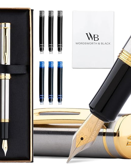 Wordsworth and Black Fountain Pen Mini EDC: Luxury Silver Heavy Pocket Pen, Gold Finish, Medium Nib, 6 Ink Cartridges, Ink Converter, Travel Refillable Writing Pen Gift Set, Men & Women