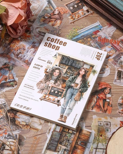 Auguro Scrapbooking Sticker 20 Sheets 120 Pre-Cut PET Coffee Shop Girls People Stickers Books for journaling Scrapbook Supplies Coffee Sticker Book for Scrapbooking