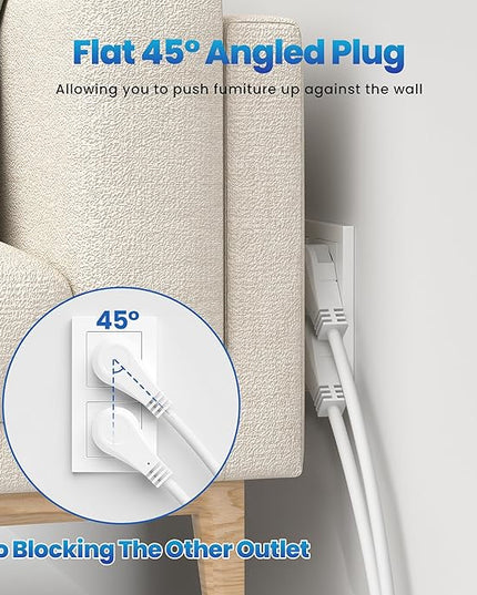 Elecan 3 Prong Power Strip with 4 FT Extension Cord, 5 AC Outlets+1 Widely Spaced Outlet, Space Saving 45 Degree Flat Plug, 14AWG 1875W 125V 15A, Wall Mountable Multi Outlet Extender, ETL, White