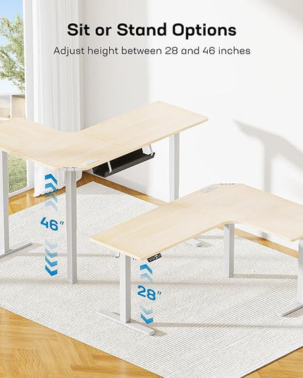HUANUO 63″ Dual Motor L-Shaped Standing Desk, Built-in Power Outlets, Electric Height Adjustable Corner Computer Desk, Large Power Strip Holder, Sit Stand Up Desk with 3 Preset Heights, Natural Wood