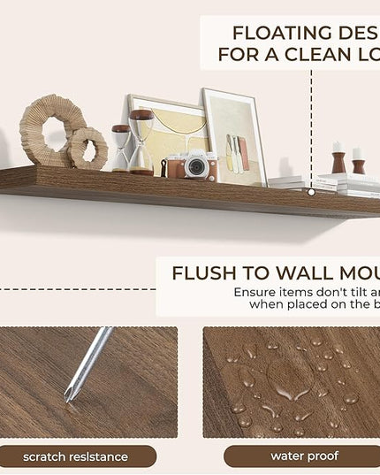 RICHFOCUS 72Inch Floating Shelves for Wall 1 Pack Shelves for Bedroom|Kitchen|Bathroom Wall Mounted Rustic Wood Floating Shelf with Invisible Brackets for Books|Storage|Decor, Walnut