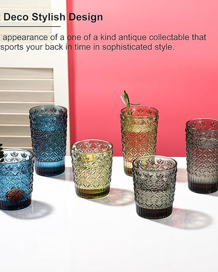 Blue Drinking Glasses Set of 12, 14 Oz Highball & 10 Oz Cocktail Glasses, Blue Kitchen Vintage Glassware Set, Floral Embossed Glass Tumbler Cups for Juice, Beer, Water, Whiskey, Coffee