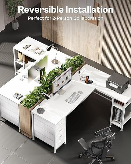 Huuger 55 Inch L Shaped Desk with Fabric Drawers, Reversible Computer Gaming Desk with Power Outlets and USB-C Port, Adjustable Side Storage Shelves, for Work Study Corner Home Office, White