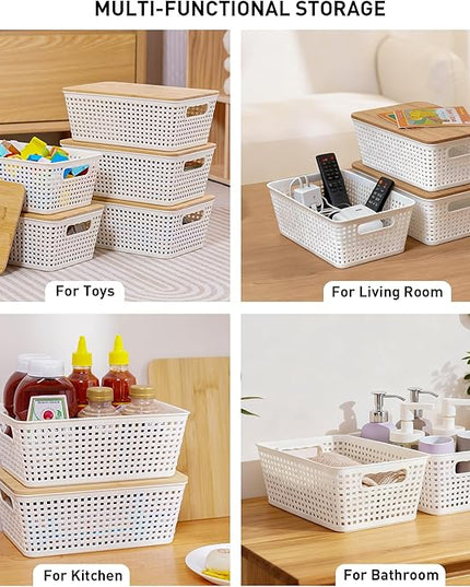 Storage Bins with Lids 8 Packs, Plastic Storage Bins with Bamboo Lids for Pantry Organization and Storage Containers for Shelves Drawers Desktop Closet Playroom Classroom Office Home, White