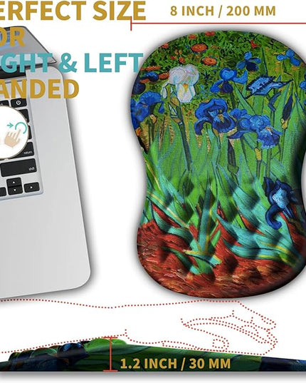 Hokafenle Ergonomic Mouse Pad Wrist Support with Massage Design, Wrist Rest Pain Relief Mousepad with Memory Foam&Non-Slip PU Base, Mouse Pads for Wireless Mouse & Desk(12x8 inch,Vangogh Iris Flower)