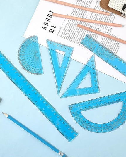 Tenare 1 Set Plastic Clear Math Set Includes Protractor Triangle Rulers 12 Inch 6 Inch Straight Geometry Math Transparent Ruler Measuring Tool for School Office Home Supplies(Blue)
