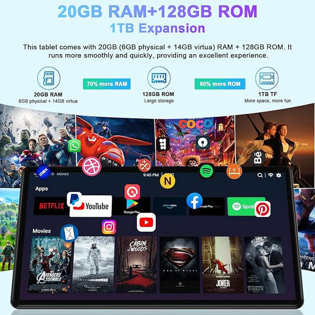 2025 Tablet, 10 Inch Android Tablet 20GB RAM+128GB ROM+1TB Expand, Octa-Core Android 14 Tablets with Keyboard, Mouse, HD IPS Touchscreen, 6000mAh, BT 5.0, WiFi 6, Widevine L1, Split Screen -Blue