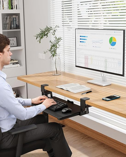 BONTEC KMT01-PJ Under Desk Keyboard Tray, Pull-Out Keyboard & Mouse Platform with C-Clamp, 20 x 11.8 in Space-Saving Ergonomic Slide-Out Drawer, Black Carbon Fiber