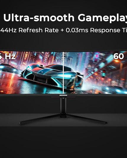 Deco Gear 49-inch Super UltraWide QD-OLED 5120 x 1440 (DQHD) Computer Monitor, 144Hz, Speaker, Adaptive-Sync, USB-C 90W, KVM, HDMI, DP, VESA Mountable, Tilt, Adjustable, 0.03ms, American Seller