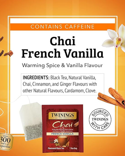 Twinings French Vanilla Chai Black Tea Individually Wrapped Bags, 20 Count (Pack of 2), Warm, Sweet & Spicy, Caffeinated, Enjoy Hot or Iced, 20 Teabags