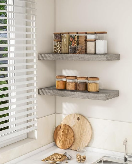 RICHFOCUS 24Inch Floating Shelves for Wall 2 Pack Shelves for Bedroom|Kitchen|Bathroom Wall Mounted Rustic Wood Floating Shelf with Invisible Brackets for Books|Storage|Decor, Grey