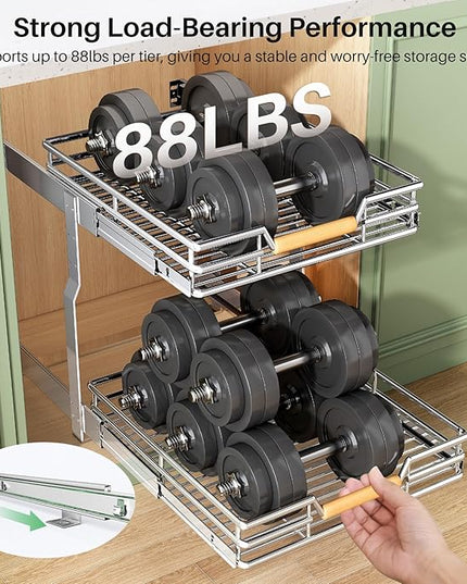 Pull out Cabinet Organizer, 2 Tiers 23"W X 21"D, Heavy Duty Smooth Sliding Under Cabinet Shelves for Pots and Pans, Full-Extension Roll out Drawers, Slide out Organization for Home Kitchen Pantry