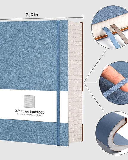 AHGXG Graph Paper Notebook - 320 Pages Grid Paper Notebook Large Journal B5, 100gsm Thick Graph Paper, Leather Softcover, Inner Pocket, 7.6'' X 10''- GrayBlue