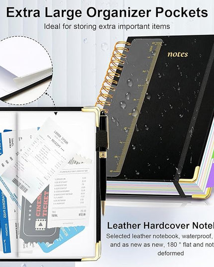 Hardcover Spiral Notebook 8"x10" Journal Notebook with Tabs and Removable Dividers 300 Pages 5 Subject Notebook College Ruled, Faux Leather Spiral Bound Notebook for Women School Work (Black)