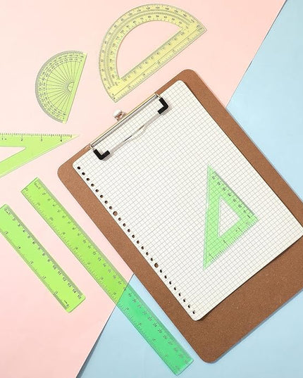 Tenare 1 Set Plastic Clear Math Set Includes Protractor Triangle Rulers 12 Inch 6 Inch Straight Geometry Math Transparent Ruler Measuring Tool for School Office Home Supplies (Green)