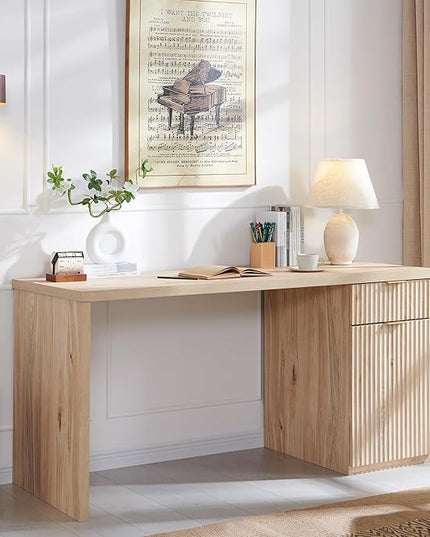 JXQTLINGMU 60" Modern Executive Desk with Storage, Wood Home Office Desk with Drawer & Cabinet, Fluted Computer Writing Desk for Study, Living Room, Bedroom, Oak