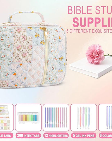 Lestp Bible Cover Case Study Supplies for Women Gifts Large Bible Cover with Highlighters Pens Tabs Cute Quilted Carrying Case Christian Journal Kit Accessories Christian Gifts Sticky Notes A