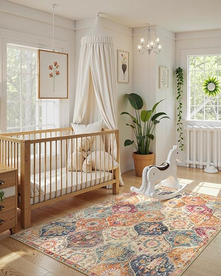 Lahome Moroccan Machine Washable Rugs for Living Room, 4x6 Rug for Bedroom Non-Slip Vintage Trellis Ultra-Thin Throw Carpet for Dining Room Office Nursery, Cream/Multi