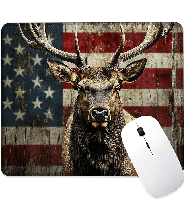 American Flag Elk Mouse Pad Square Mouse Mat Non-Slip Rubber Base Mousepad with Stitched Edge, Portable MousePads for Desk Computers Laptop Office, 9.5x8 Inches