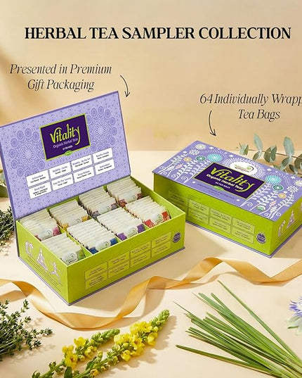 Adanim Bio Vitality Organic Herbal Tea Sampler Gift Set Caffeine Free 8 Flavors Variety Pack 64 Individually Wrapped Tea Bags for Gifting