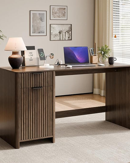 60" Fluted Home Office Desks with Storage, Modern Executive Desk Computer Desk with Drawer & Cabinet, Wood Work Desk for Office, Bedroom, Study, Living Room, Walnut