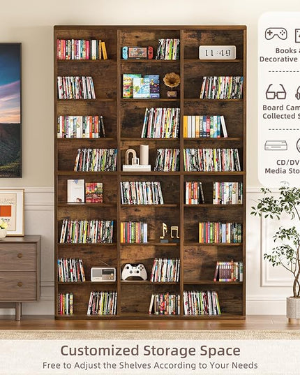 LELELINKY 8 Tier Tall Display Cabinet, Brown Media Storage Cabinet with Adjustable Shelves, Free Standing DVD Organizer Shelf, Floor Multimedia Storage Manga Bookshelf for Living Room & Home Office.