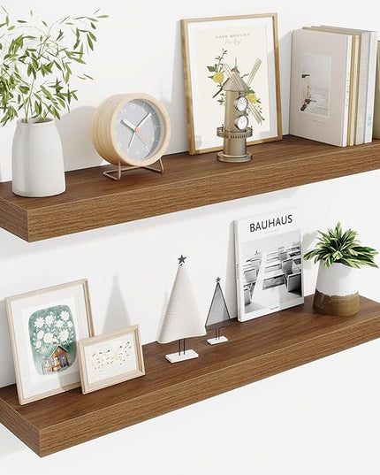 Fun Memories Bathroom Shelves 32 Inch Long Set of 2, Floating Shelves for Wall with Invisible Brackets, for Bedroom, Living Room, Kitchen, Walnut