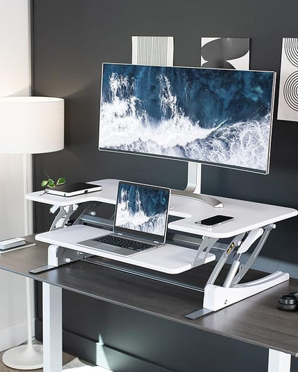 VIVO 42 inch Height Adjustable Stand Up Desk Converter, V Series, Quick Sit to Stand Tabletop Dual Monitor Riser Workstation, White, DESK-V000VLW