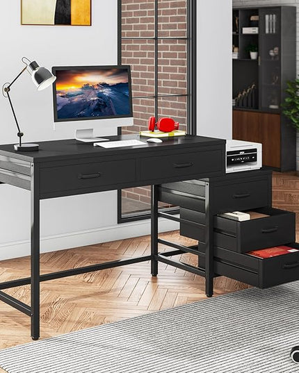 Tribesigns Computer Desk with 5 Drawers, Home Office Desks with Reversible Drawer Cabinet Printer Stand, Industrial PC Desk with Storage, Rustic Study Writing Table Workstation for Small Spaces, Black