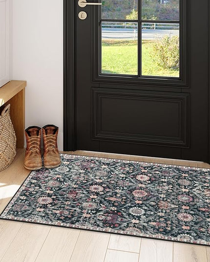Lahome Kitchen Rugs Non Slip Washable Rugs for Entryway, 2x4 Rug Non-Slip Moroccan Trellis Ultra-Thin Indoor Door Mat Small Carpet for Bathroom Bedroom Entry, Black/Multi