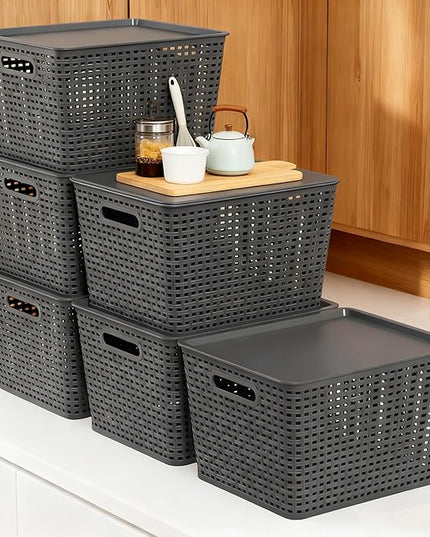 Zopnny Plastic Storage Baskets with Lid, Stackable Storage bins for Organizing Shelves Drawers Desktop Closet Playroom Classroom Office, 6 Pack, 20 Quart