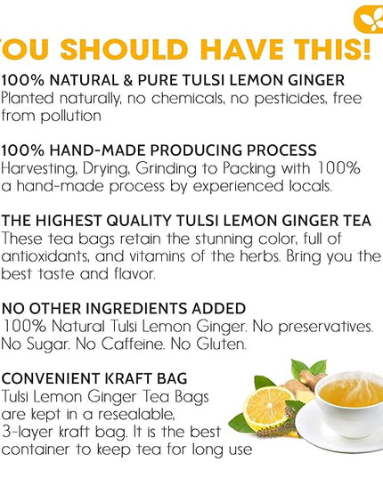 FreshDrinkUS, Premium 35 Tulsi Lemon Ginger Tea Bags, 100% Natural & Pure from Tulsi Holy Basil Leaves, Lemon and Ginger. Made with Natural Material Tea Bags. No Sugar, No Caffeine, Vegan.