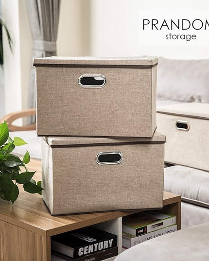PRANDOM Large Collapsible Storage Baskets with Lids [5-Pack] Jute Fabric Foldable Storage Bins Boxes Organizer Containers Cube with Cover for Home Bedroom Closet Office Nursery (17.7x11.8x11.8)