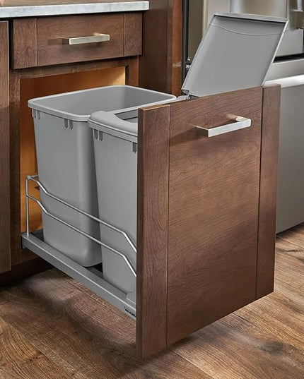 Rev-A-Shelf Double Pullout for Under Kitchen Cabinets 35 Quart 8.75 Gallon with Soft-Close Slides, Metallic Silver, 53WC-1835SCDM-217