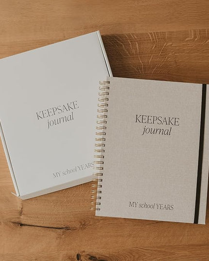 Sweet Water Decor Kid's Keepsake Memory Journal, Cute Prompted Entry Notebook for Moms and Parents, 14 White Craft Envelopes for Capturing Memories, Tan Fabric Spiral Bound Diary with Gold Foil Detail