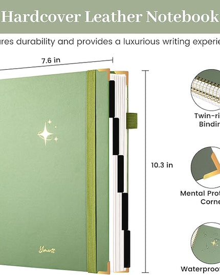 FLYING EAGLE Leather Spiral Notebooks for Work 5 Subject Notebook College Ruled with Dividers Pen, 360 Pages B5 Hardcover Lined Journals for Women Men Writing,Green