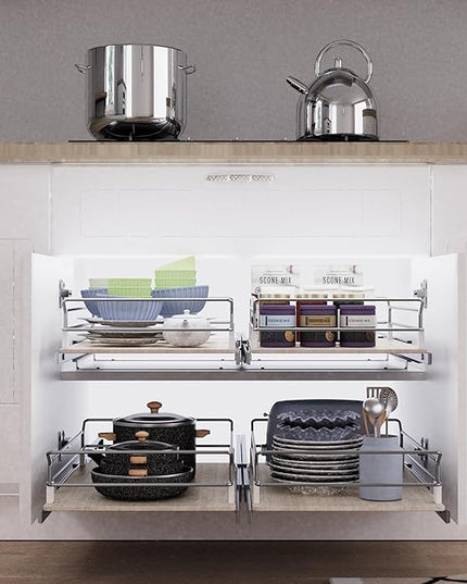 Pull Out Cabinet Organizer 18" W X 22" D, Slide Out Drawers For Kitchen Organizers and Storage, Pull Out Drawers For Cabinets Capacity Heavy Duty Caddy, Cabinet Shelves Wood Chrome, Pantry Storage