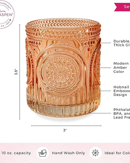 Ribbed Retro Arch Floral Rose Gold Drinking Glasses Set of 6, (10 oz) Vintage Glassware Set by Kate Aspen| Cocktail Glass Set, Juice Glass, Water Cups | Great Hostess Gift & Gift for New Home Owners
