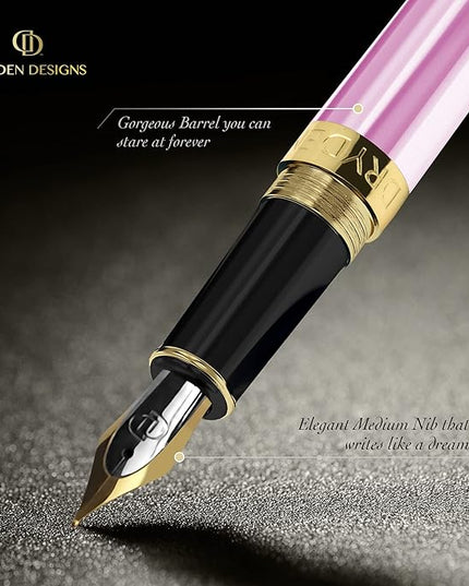 Dryden Designs Fountain Pen. Medium Nib Premium Box | 6 Ink Cartridges Included (Luscious Pink)