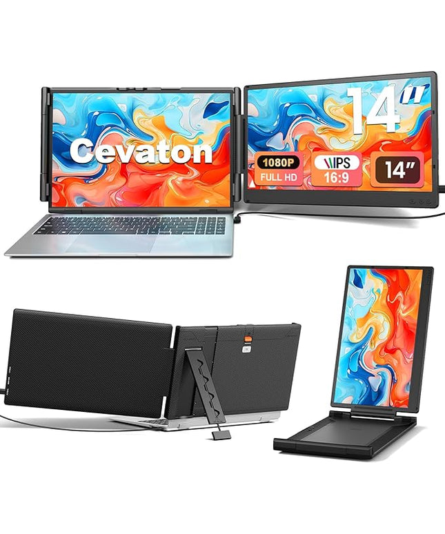 Cevaton Laptop Screen Extender, 14" FHD 1080P Portable Monitor for Laptop, Plug & Play Screen Extender, Auto Adjust Width Dual Monitor for 13" - 17" Laptops, Compatible for MacOS/Wins/Chrome/Dex