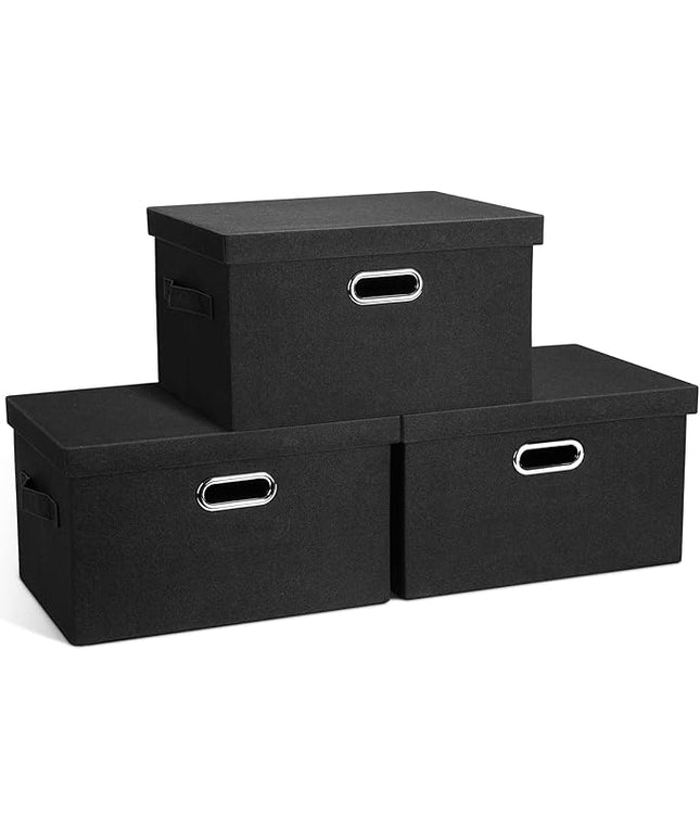 Medium 15" 21 Quart Collapsible Stackable Storage Bins with Lids, 3 Packs Black Foldable Fabric Closet Boxes Heavy-duty Lidded Linen Cube Basket Container Organizer and Storage for Bedroom