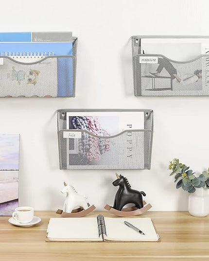 EasyPAG 6 Pack Wall File Organizer with Label Panel, Mesh Hanging File Folder Organizer for Letter/A4 Size Folders, Wall Mounted Vertical Mail Holder for Paperwork, Office, Home, School, Silver