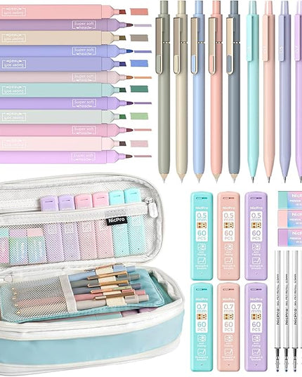 Nicpro 39 PCS Aesthetic School Supplies with Cute Pen Case, 12 Pastel Highlighters, 5 Black Ink Gel Pens, 6 Mechanical Pencils Set 0.5 & 0.7mm for Students Stationary College Essentials (Blue)